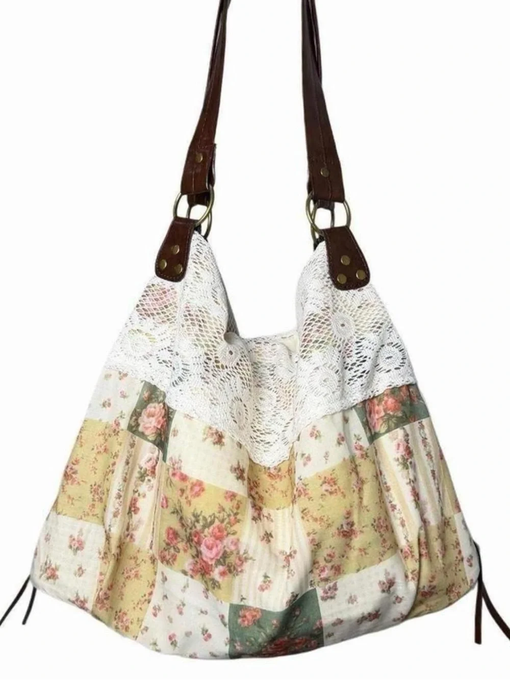 Boho Floral Patchwork Lace Cream Tote Bag Cottagecore Festival Indie Western Y2K - Picture 3 of 6